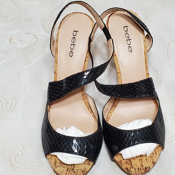bebe Shoes - Bebe Peep Toe Pumps w/Cork Heels Sz:9 Black Snakeskin Pattern Style Ariana.